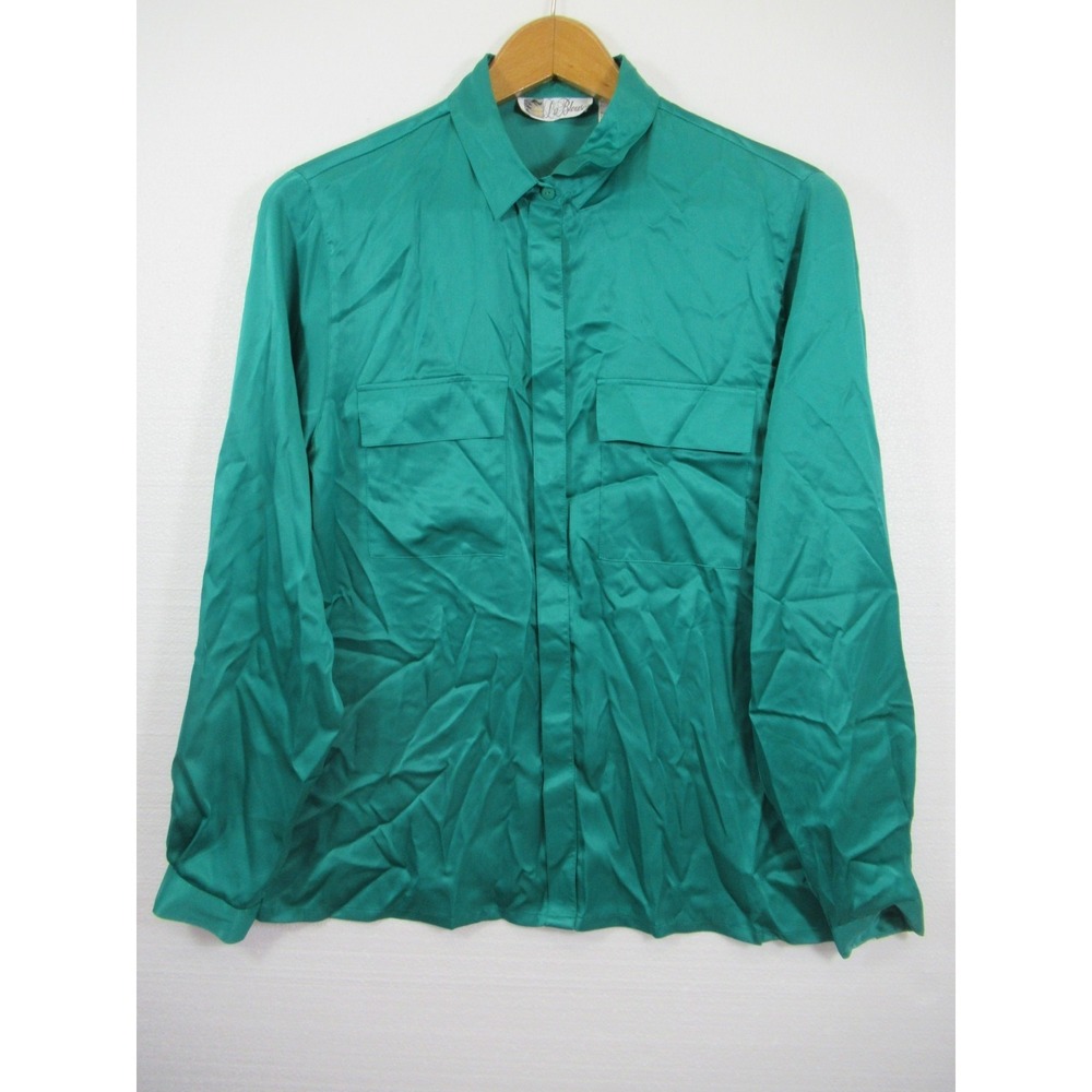 Vintage 80s 90s Shiny Satin Secretary La Blouse Women 14 Green
